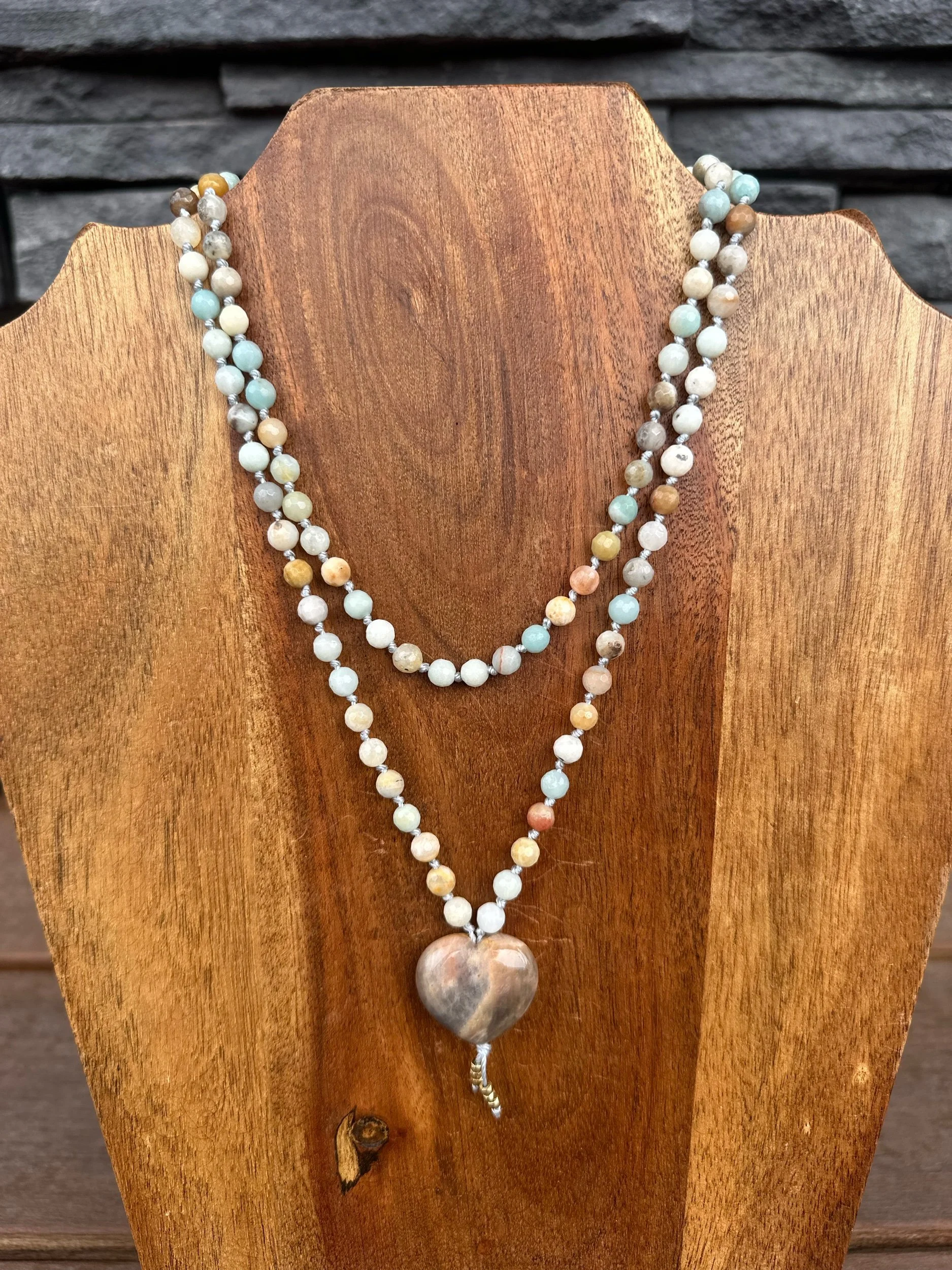 Amazonite mala with moonstone heart pendant