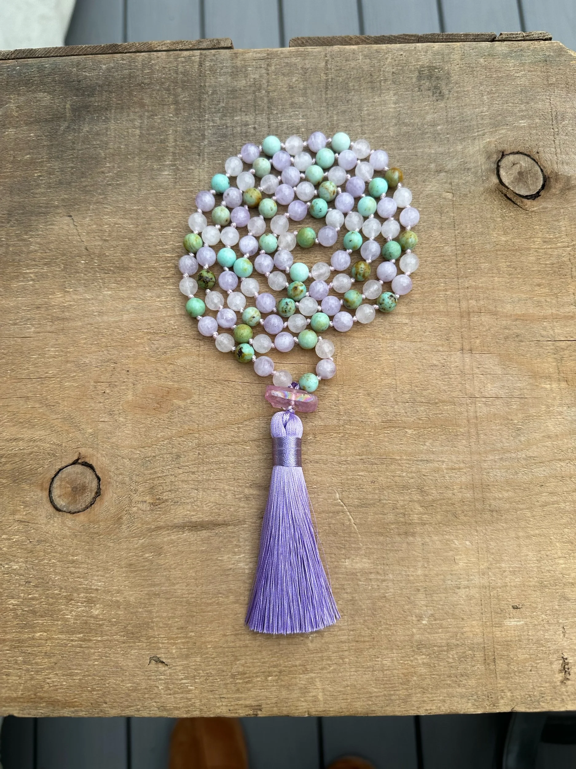 Mongolian turquoise, rose quartz & mauve jade knotted mala