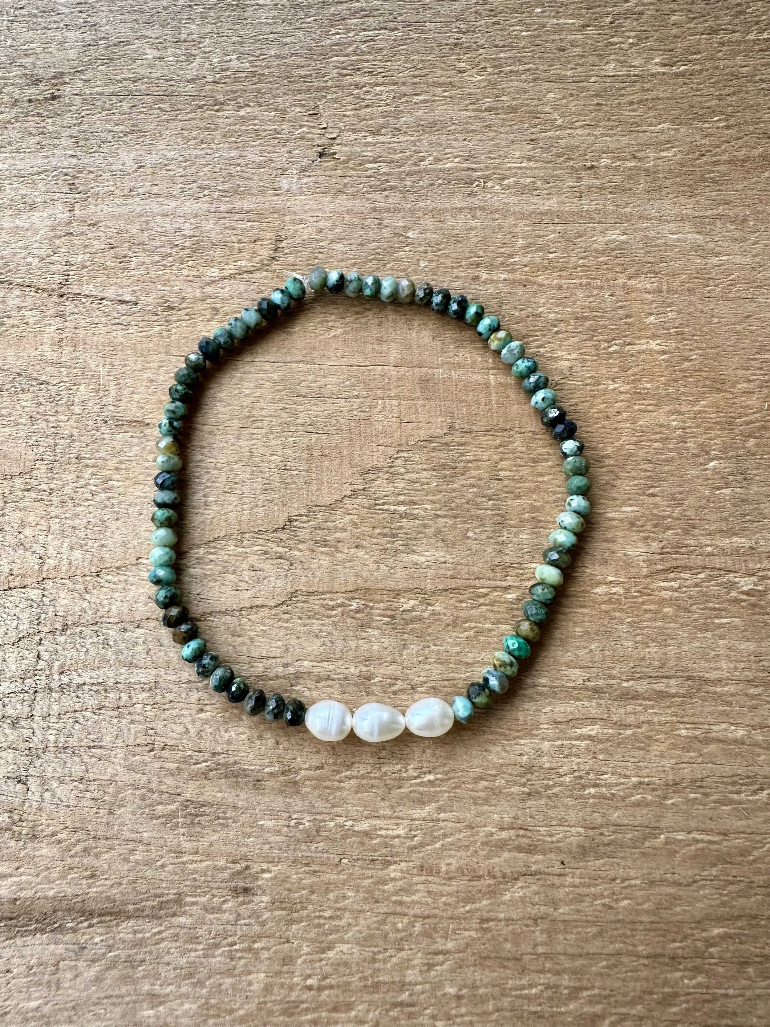 African Turquoise & Pearl dainty bracelet